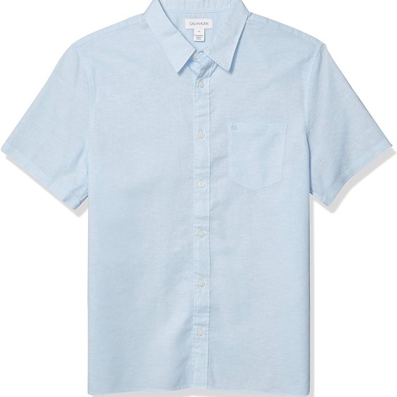 Calvin Klein Men's Short Sleeve Lightweight Cotton Linen Button Down Medium Blue - Picture 1 of 9
